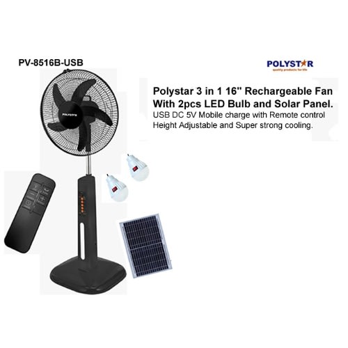 16" Rechargeable Stand Fan 2 Led Bulb +  Solar Panel With Remote Control