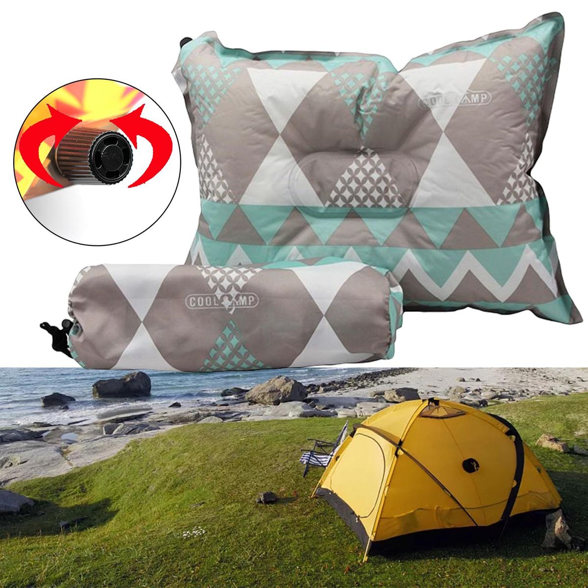 Inflatable Travel Camp Pillow Outdoors Portable Green Grey