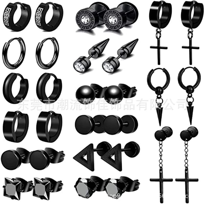 Mens Black Stainless Steel Earrings Stud Set Women Fashion