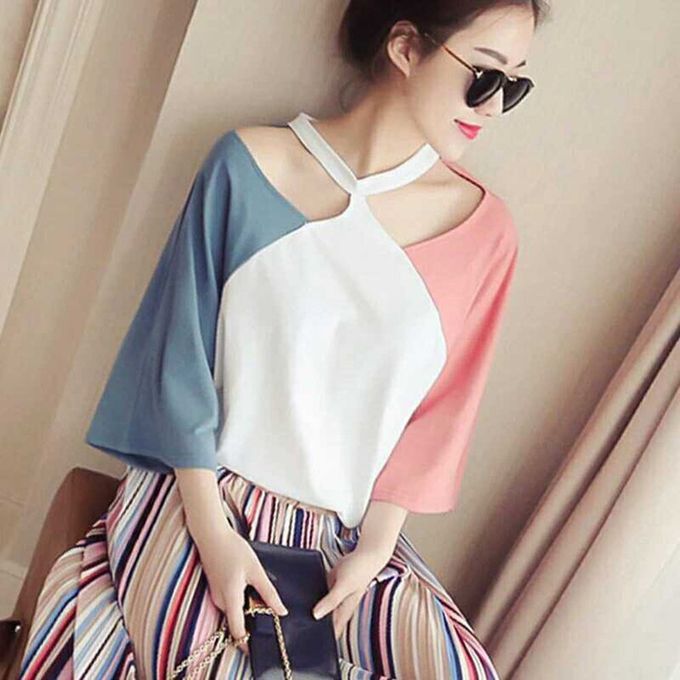 Spring Korean Version Of The Seven-Point Sleeve Hanging Neck T-Shirt Female-Powder + Blue-