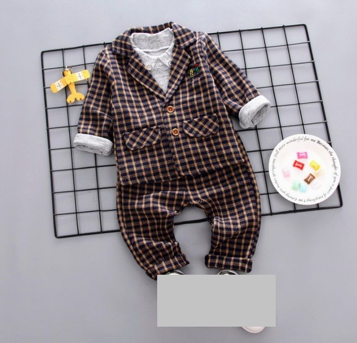 Baby Boy Birthday 3psc Check Suit Set - Brown