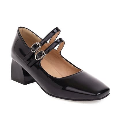 Double Straps Mid Heel Office Shoe - Black