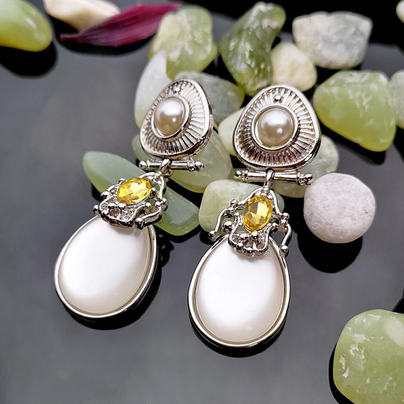 New Fashion Women Moonstone Pearl Pendant Earrings Vintage Ladies Earrings Wedding Exaggerated Jewelry