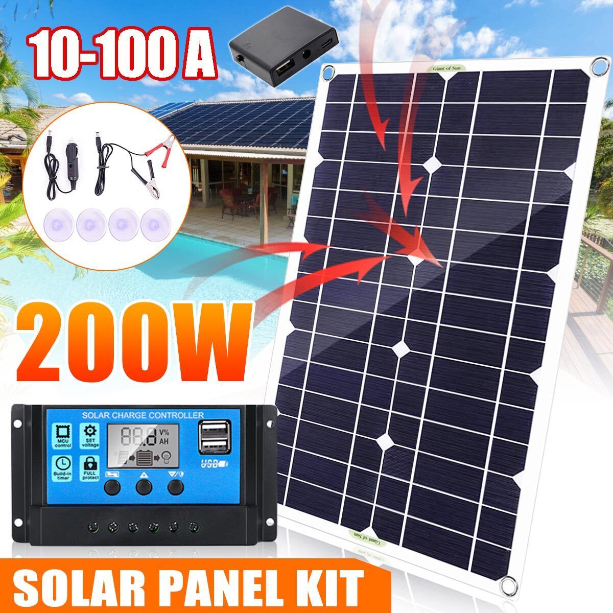 43cm X 20cm 200W Solar Panel Complete Set Kit 12V 10-100A Charger Controller For ,Marine Camping Caravan Boat With 30A Controller