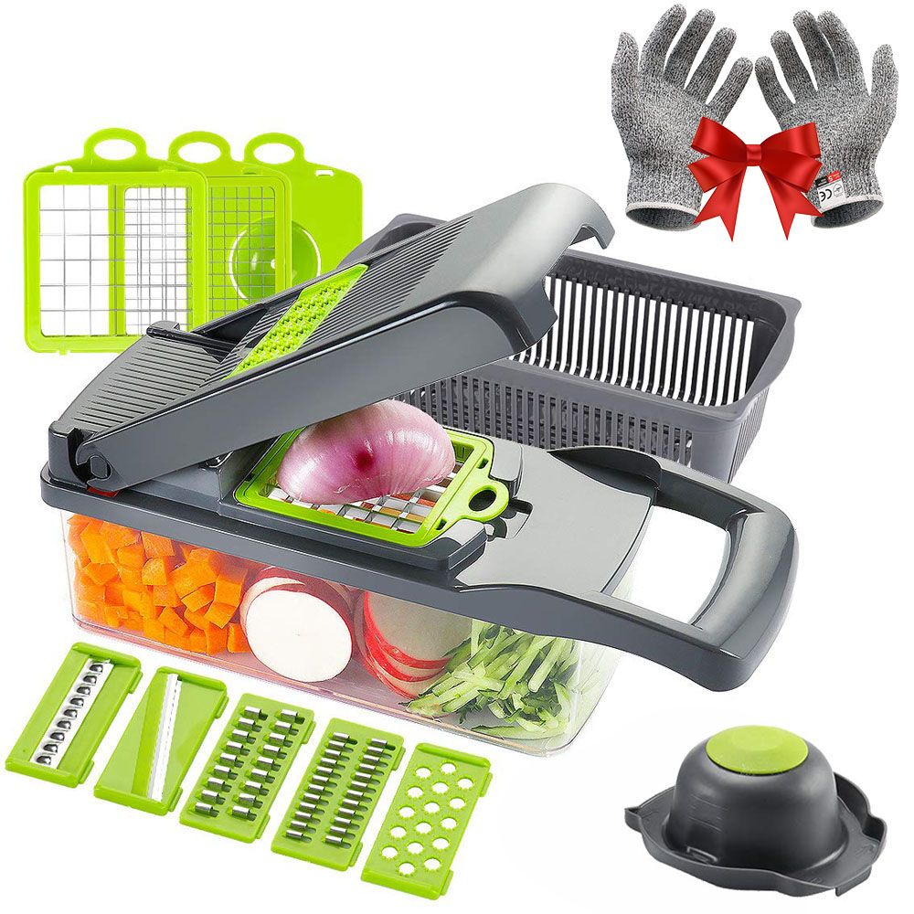 (B-Green Glove Set)Adjustable Vegetable Cutter Slicer Stainless Steel Manual Food Chopper Grater Julienne Slicer Kitchen Onion Potato Shredder JIN