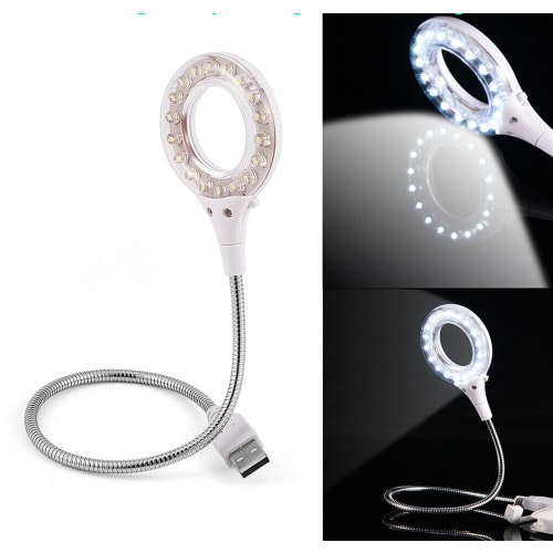 Flexible 18 USB LED Light Reading Lamp With Magnifier - White