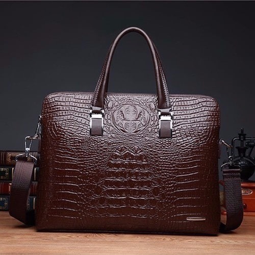 Men's Crocodile Skin Messenger Bag - Brown
