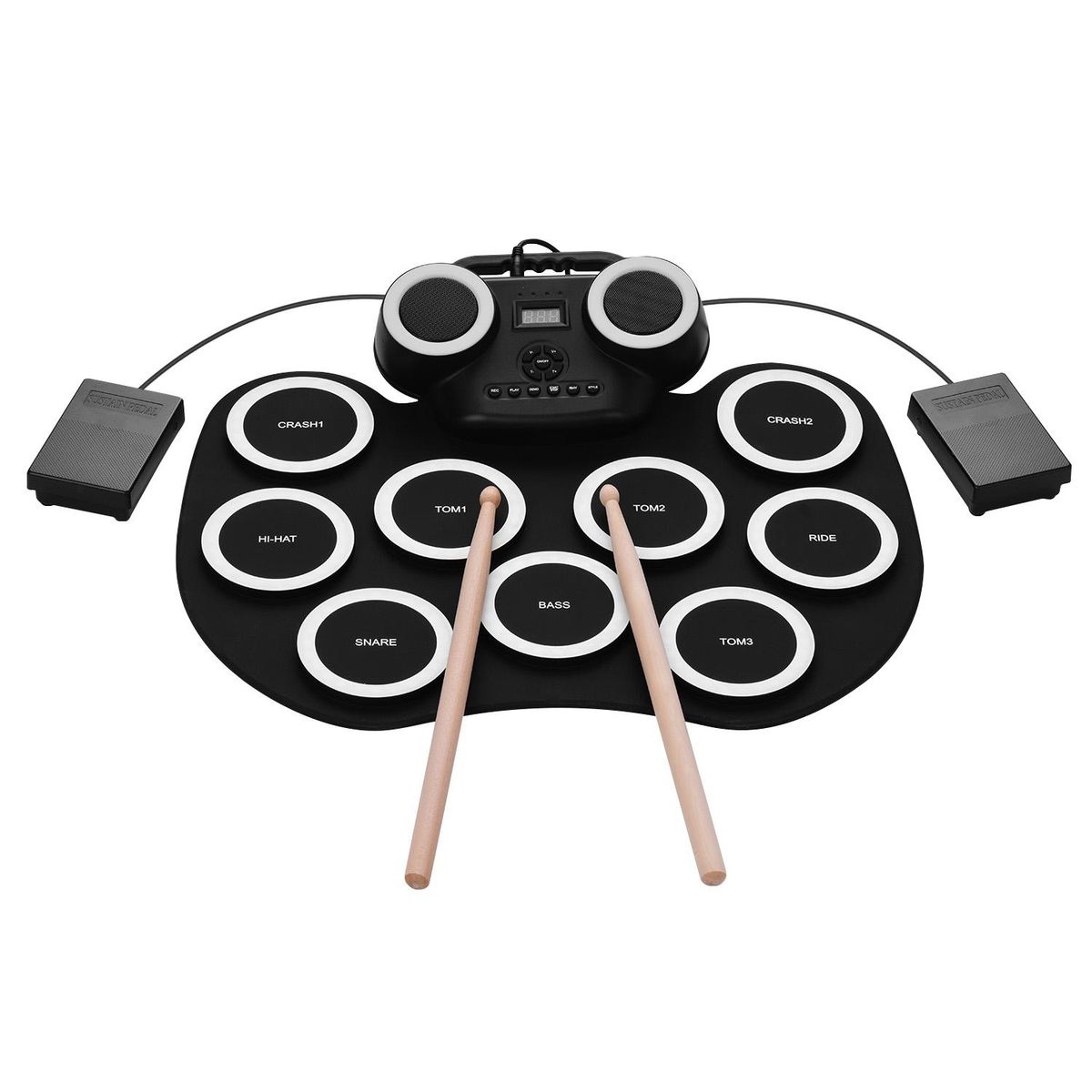 Portable Roll-up Electronic Drum Pad Silicon Digital Drum with Built-in Speakers Foot Pedals Headphone Monitoring Colorful Light Built-in Battery