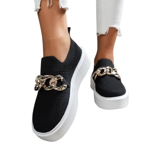 Ladies Mesh Metal Chain Casual Sneakers - Black