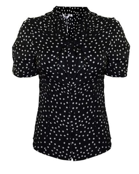 Women's Polka Dot Bowknot Collar Short Sleeve Blouse - Black