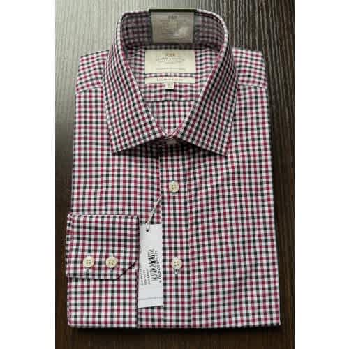 Men's Red & Navy Grid Check Slim Fit Shirt - Single Cuff