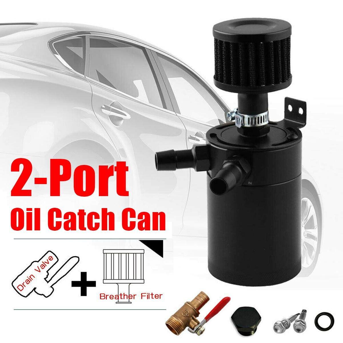 2 Port Baffled Oil Catch Can Tank Pot With Drain Valve Breather Filter Universal