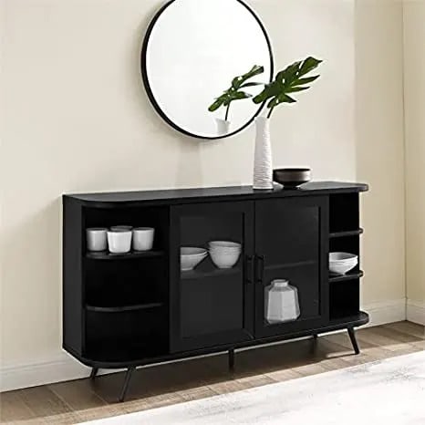 Curved Sideboard +Glass Door In Solid - Black