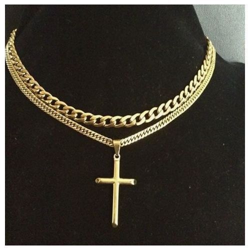 Cross Pendant With 2 Cuban Link Chains