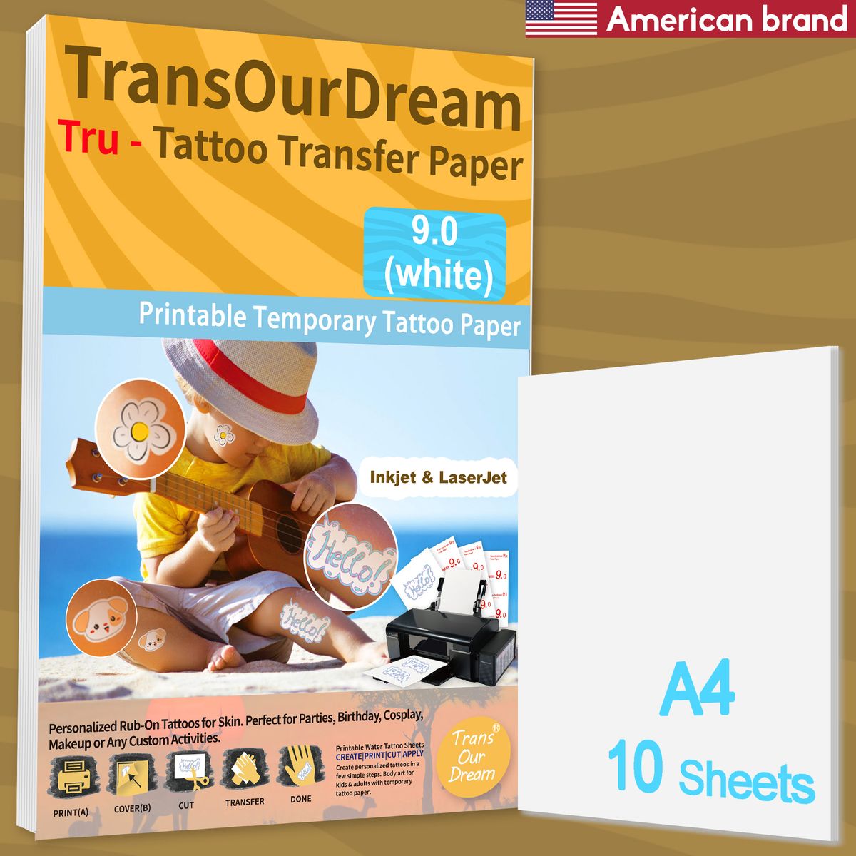 Printable Temporary Customized Tattoo Paper For Inkjet & Laserjet Printers 9.0 A4 10 Pieces