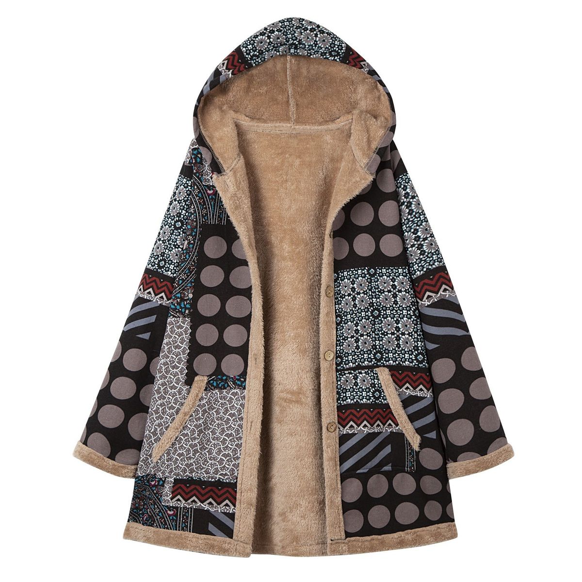 Women Plus Size Coat Hooded Fluffy Faux Fur Lined Vintage Print Winter Jacket Overcoat-grey