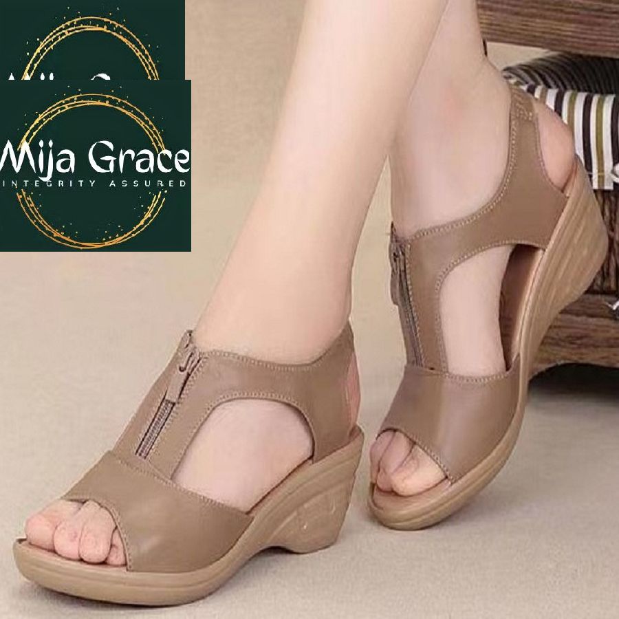 {MijaGrace}Women's Hollow Zipper Open Toe Fish Mouth Wedge Retro Sandals - CAMEL