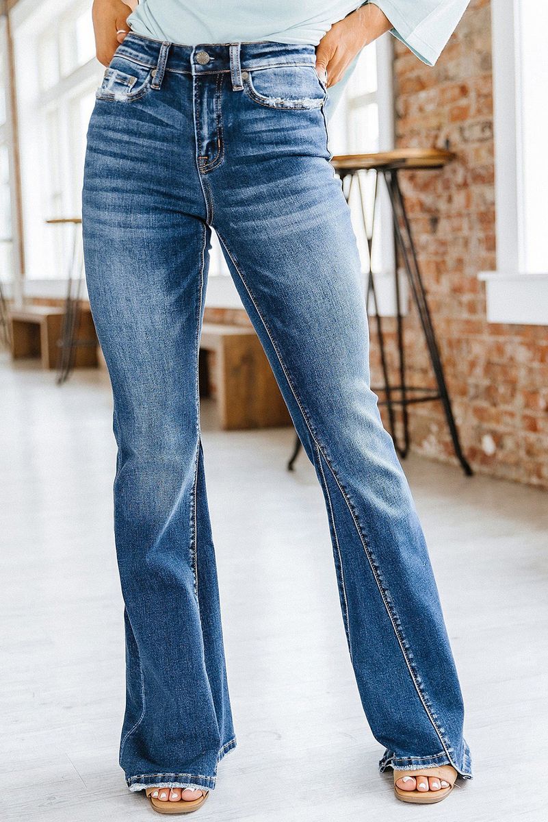 Women Slim Patchwork Wide Leg Denim Trousers Lady High-waisted Jeans