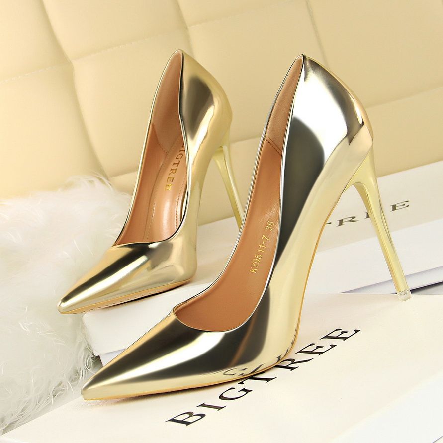 Female Metallic Heels Wedding Pumps Dress Party Shoes Gold