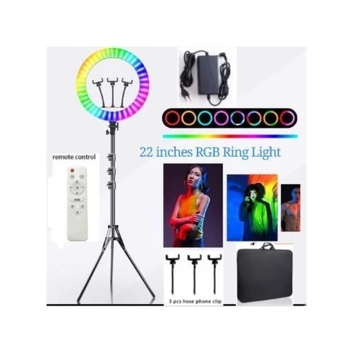 22 Inches Rgb Ring Light + 3 Phone Holder + Remote + Tripod Stand + Plug-in Wire + Bag