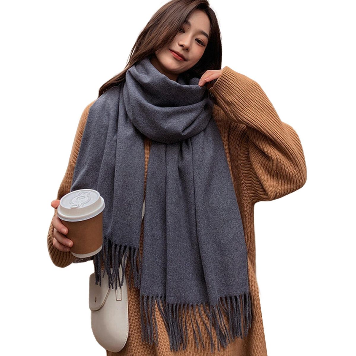 Shawl Wrap Plain Fringed Tassels Comfortable Soft-Dark Gray