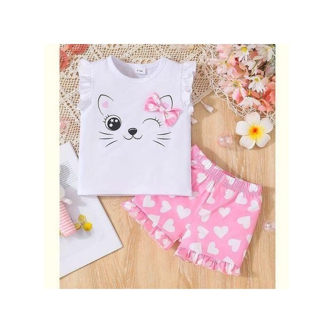 Catpapa 0-3Years Baby Girl 2pcs Cute Cat Print T-shirt With Shorts