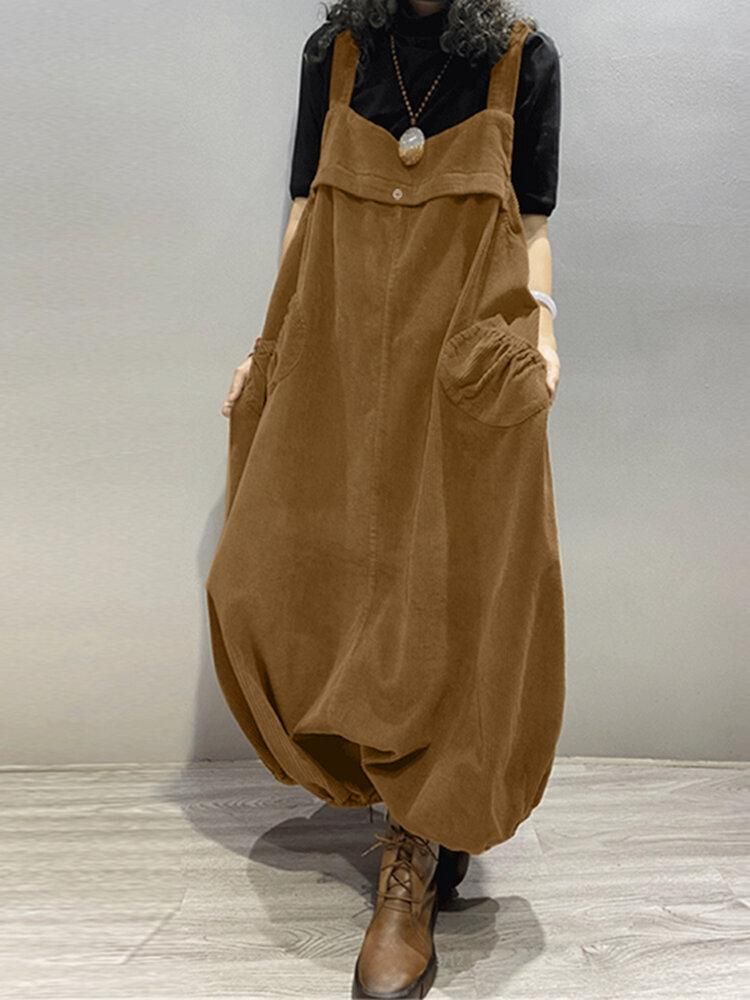 Women Corduroy Sleeveless Drop-Crotch Lantern Legs Vintage Jumpsuit
