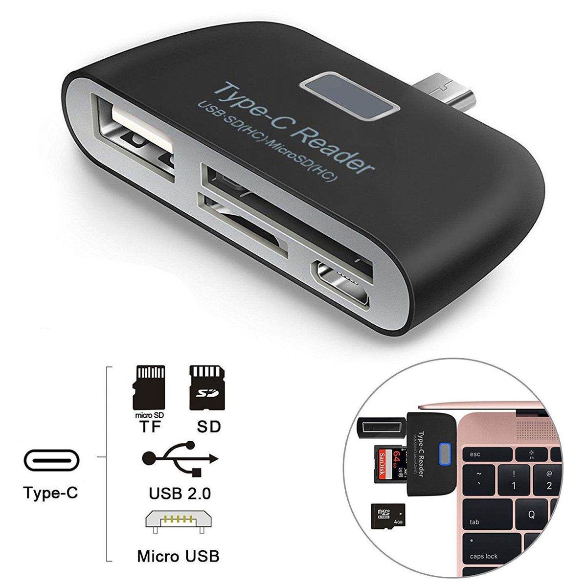 Black / White -- OTG USB 3.1 Type To USB 2.0 & TF Micro SD Card Reader Adapter For Tablet Phone Black (black)
