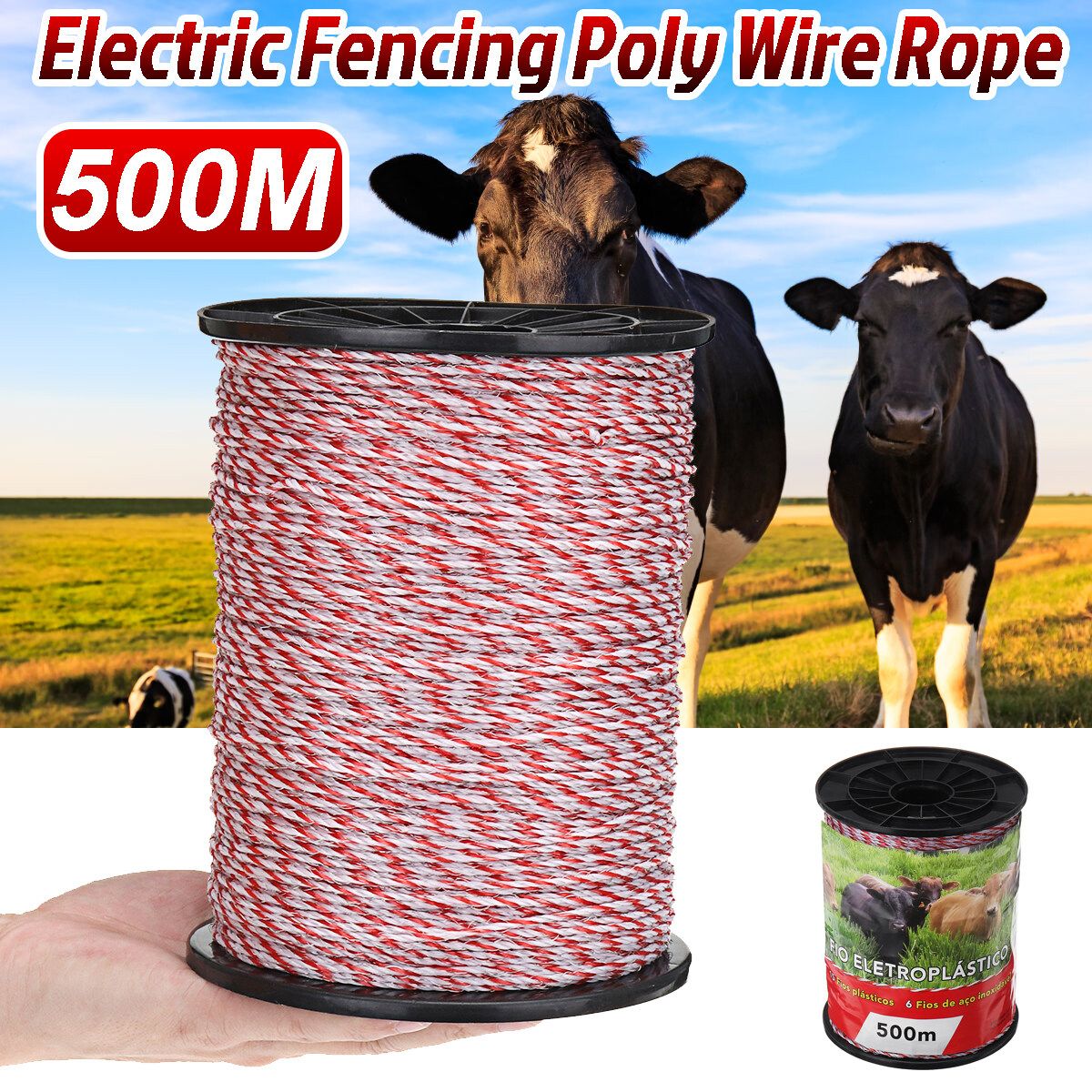 500M Roll Electric Fence Rope Red White Polywire With Steel Poly Rope For Horse Animal Fencing Ultra Low Resistance Wire
