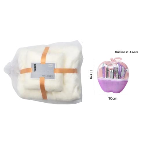 2 In 1 Absorbent Bath Towel And Face Towel   - Cream +  Apple Manicure Set