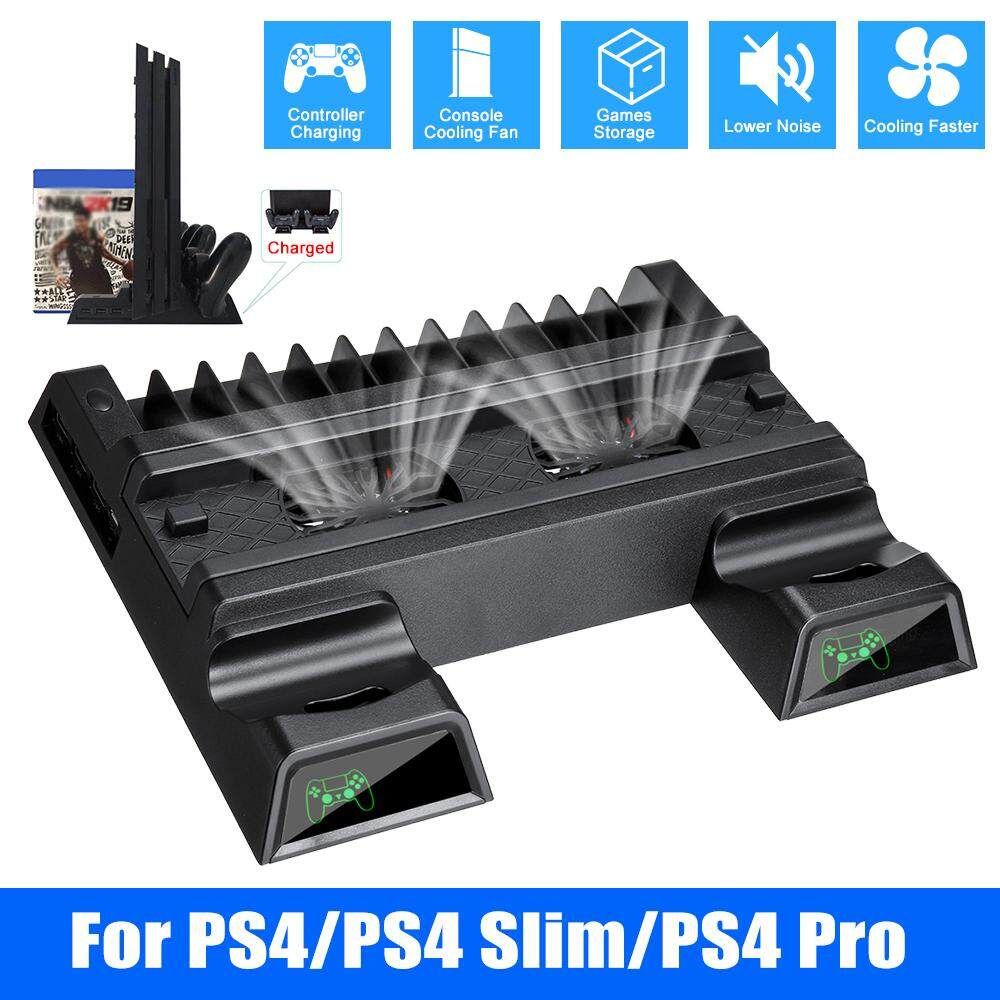Controller Charger Dock Stand For PS4/PS4 Slim/PS4 Pro+Cooler+12 Games Storage