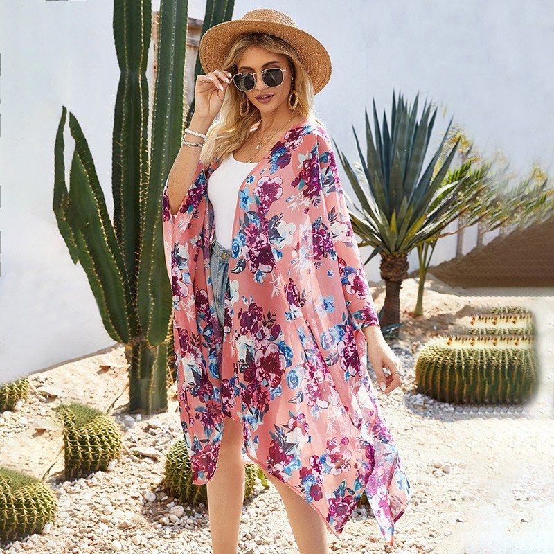 Women Floral Loose Kimono Cardigan Open Front 3/4 Sleeves