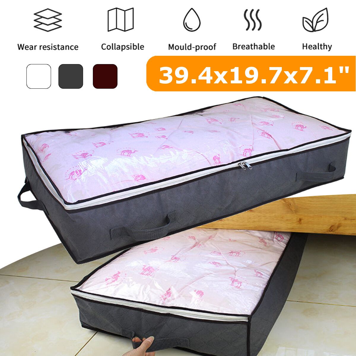 Foldable Non-Woven Fabric Under Bed Storage Bag Containers Clothes Box Zipper Closure Underbed Organizer Home Saving White