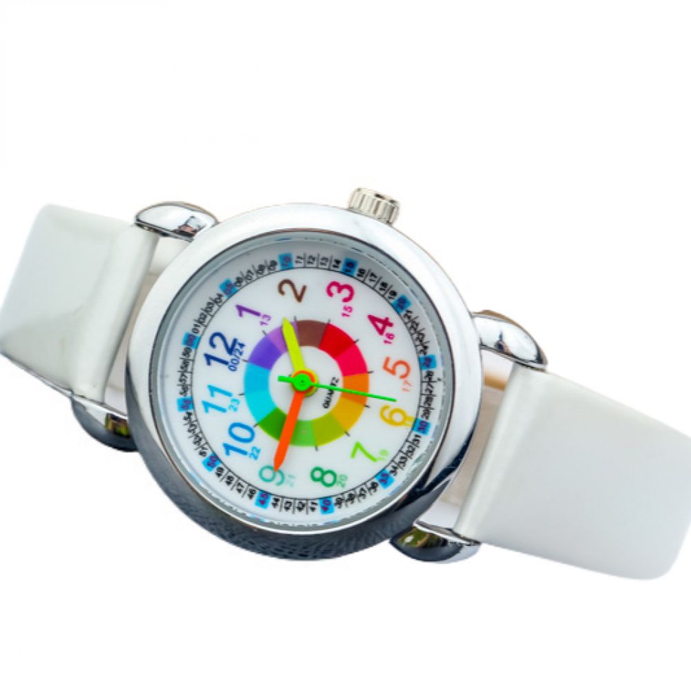 Digital watches for children boys and girls. Children's belt watch color word color circle quartz watch. Easy to read and easy to learn time (white)