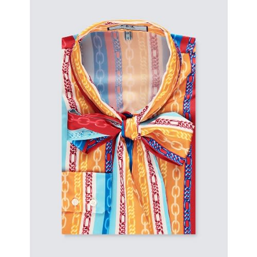 Women's Red & Blue Multi Coloured Chains Print Satin Blouse - Single Cuff - Pussy Bow