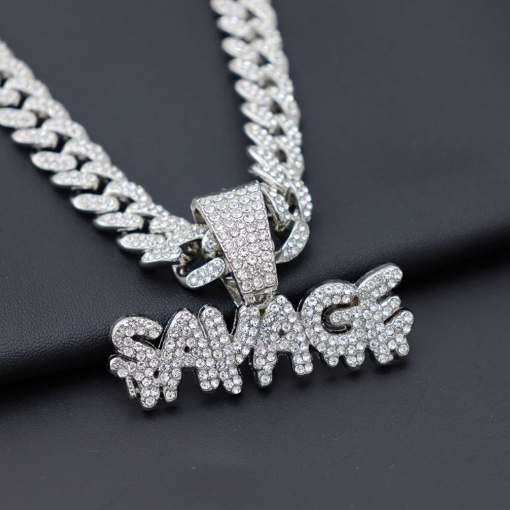 Cuban Link Chain With SAVAGE Pendant Silver DIAMOND