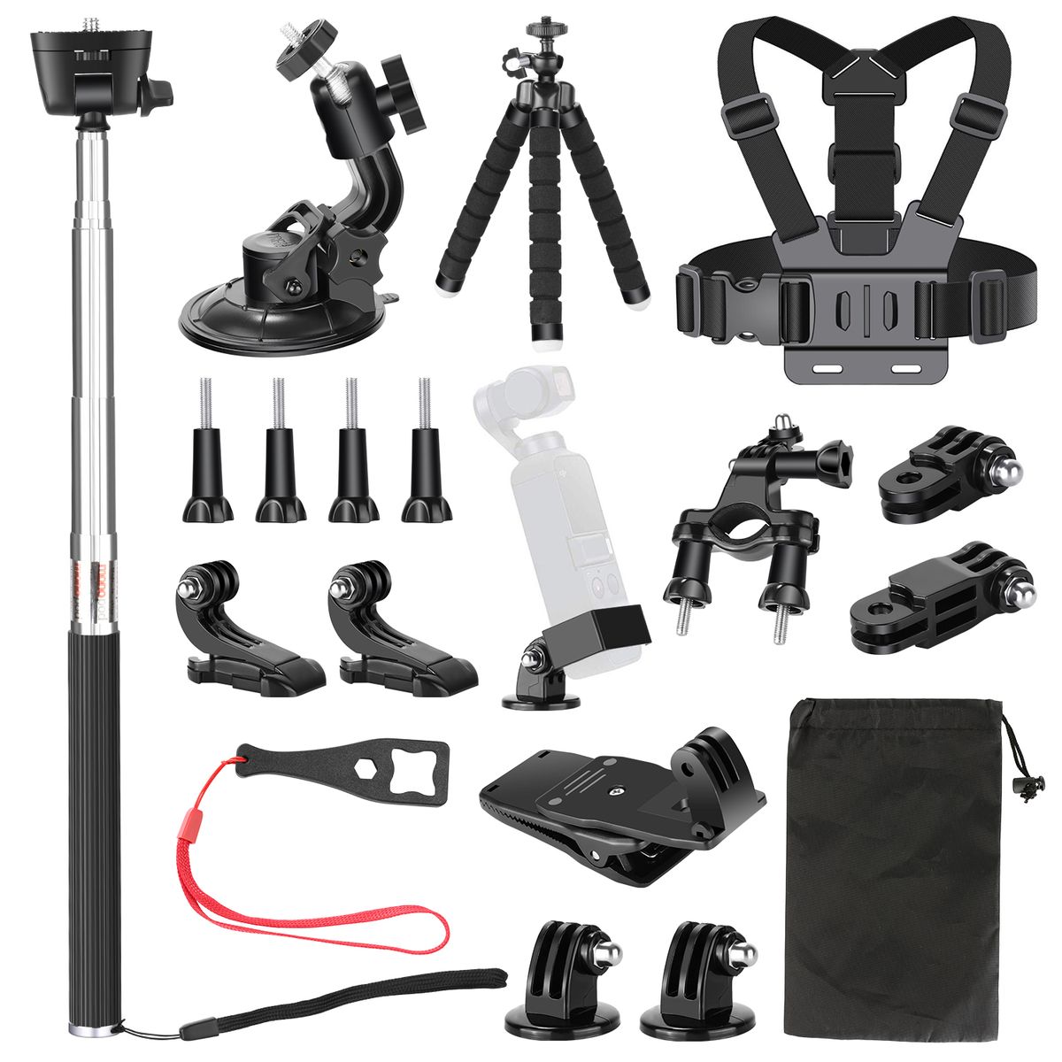 20-in-1 Expansion Accessory Kit For Osmo Pocket Handheld Camera: Chest Strap, Bike Mount, Backpack Clip, Flexible Tripod, Car Suction Cup, Selfie Stick For Skiing Skating Running Bicycling