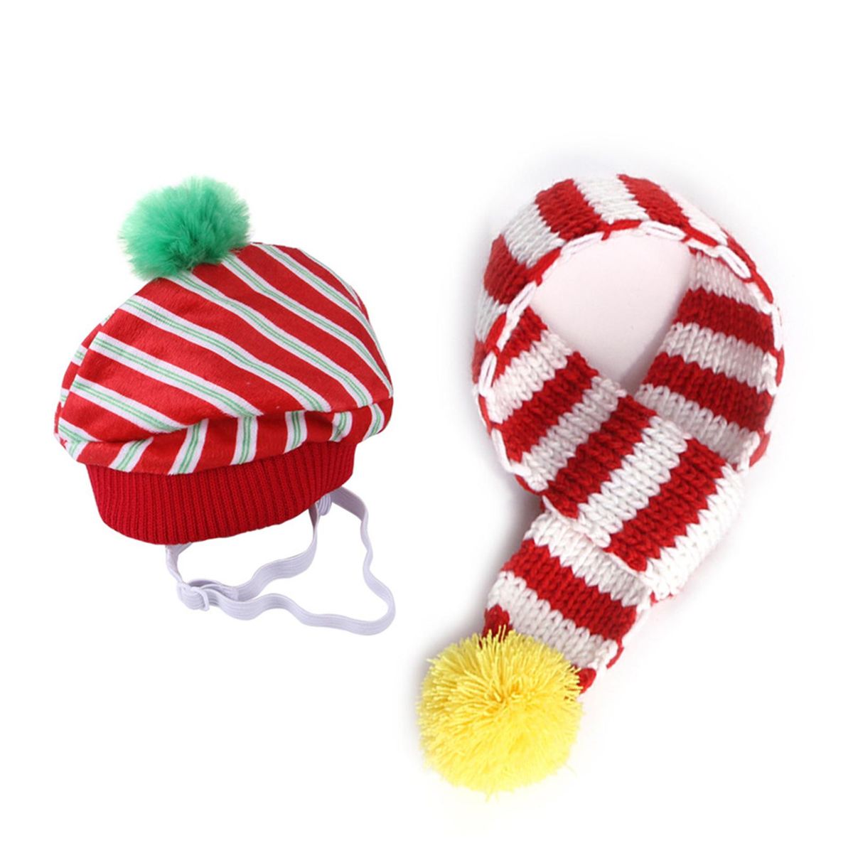 Pet Cap Muffler Stripes Pattern Dress-up Skin-White Red