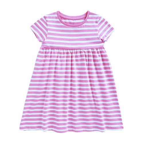 Girls Short Sleeves Striped Empire Dress Pink 2-3 Years