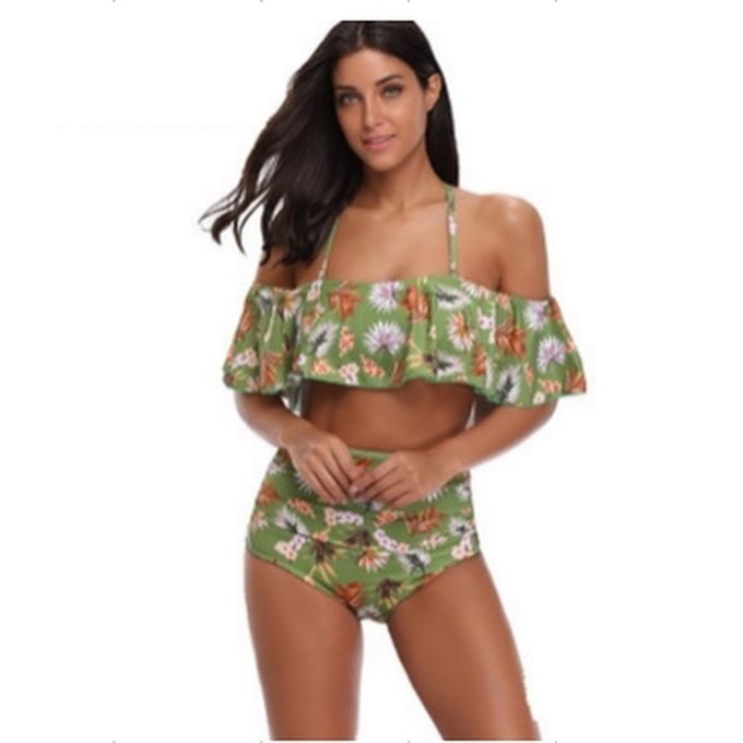 Luscious Swim Suit Women Halter Tops With Flouncing Decor + High-Waist Panties-green-XL