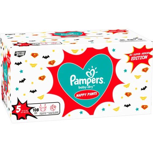 Baby Nappy Pants Size 5 (12-17 Kg/26-37 Lb), Baby-Dry Superhero, 108 Nappies,