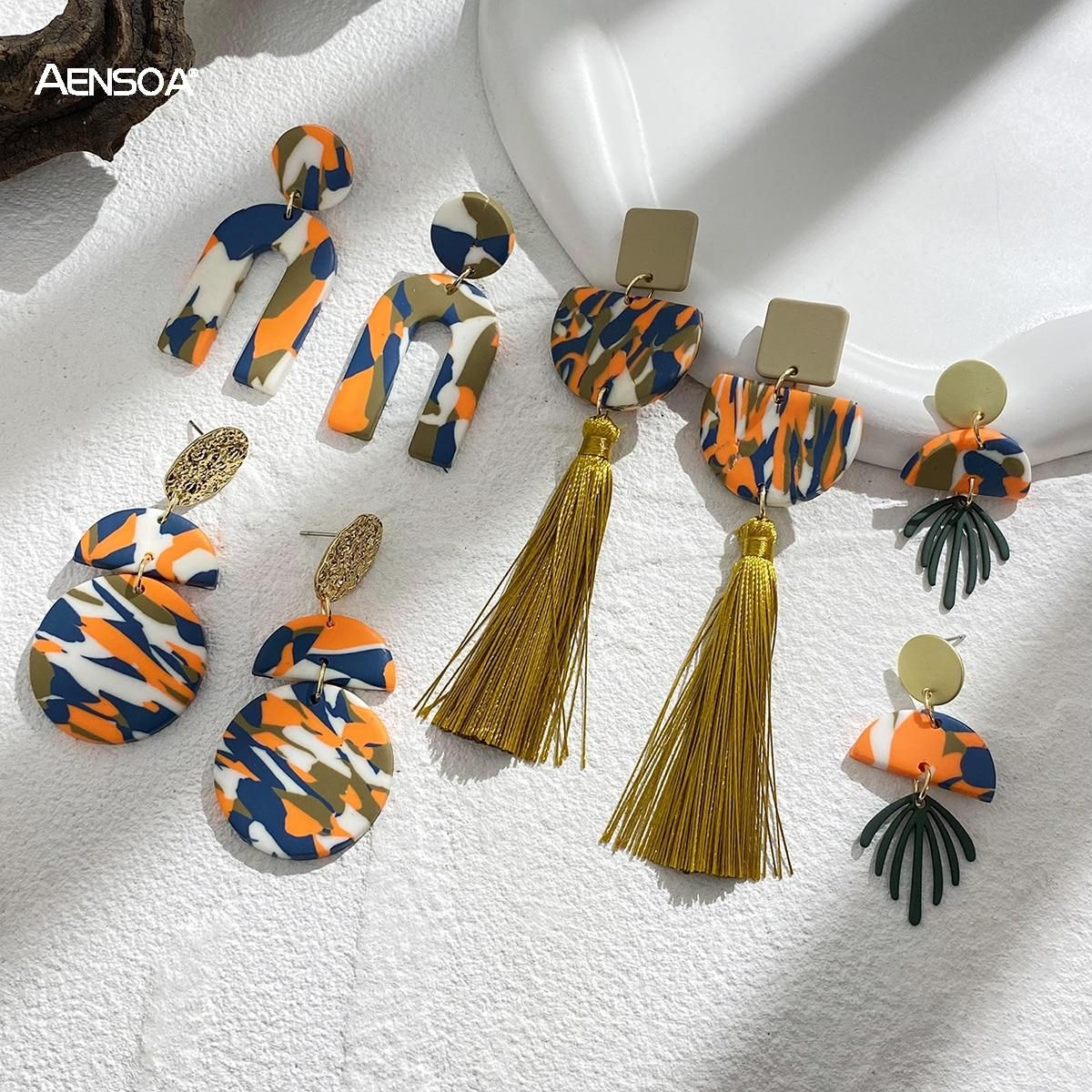 AENSOA Unique Marble Arched Tassel Polymer Clay Earrings for Women  Handmade Abstract Pattern Clay Drop Earrings Jewelry