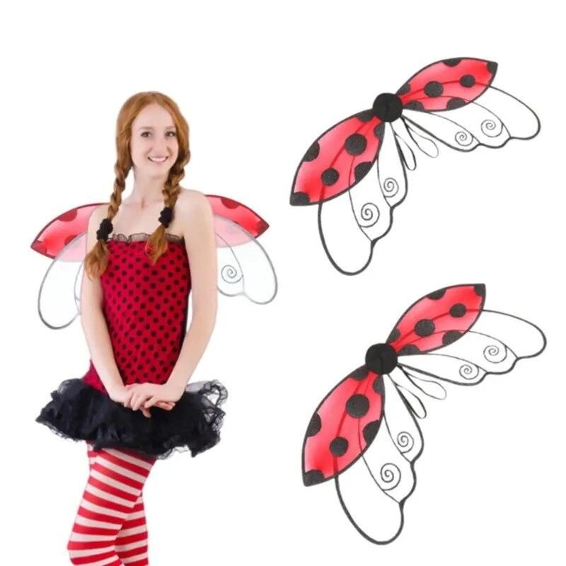 Women Girls Role Play Ladybug Sheer Wings Halloween Cosplay Costume Prop Kid Fancy Party Fairy Angel Wing Stage Wear Accessories