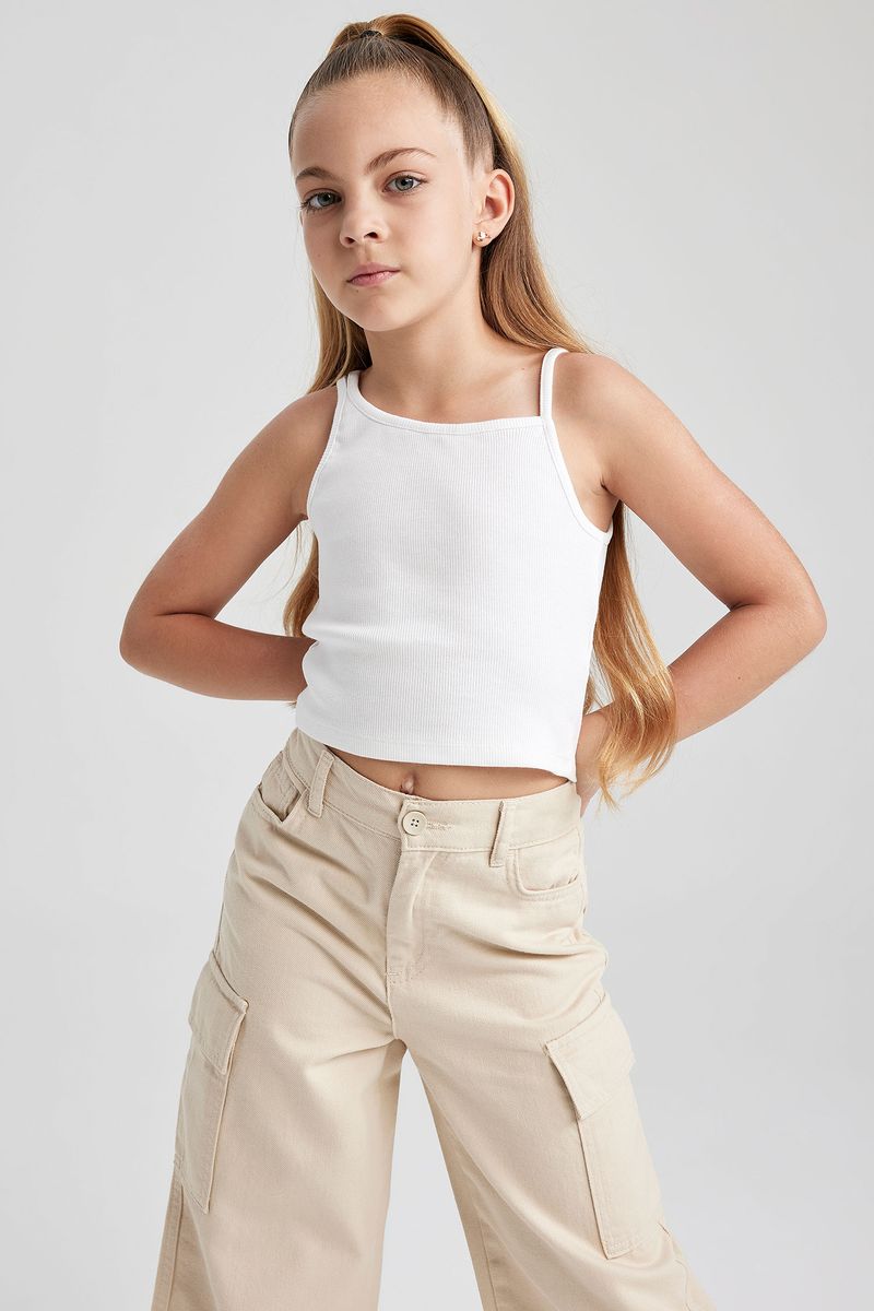 Girl Casual Cropped Fit Sleeveless Knitted Athlete - White