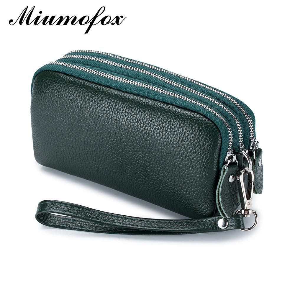 Three zipper medium and long wallet clutch bag women can put mobile phone large capacity simple wrist clutch bag female small bag Dark green