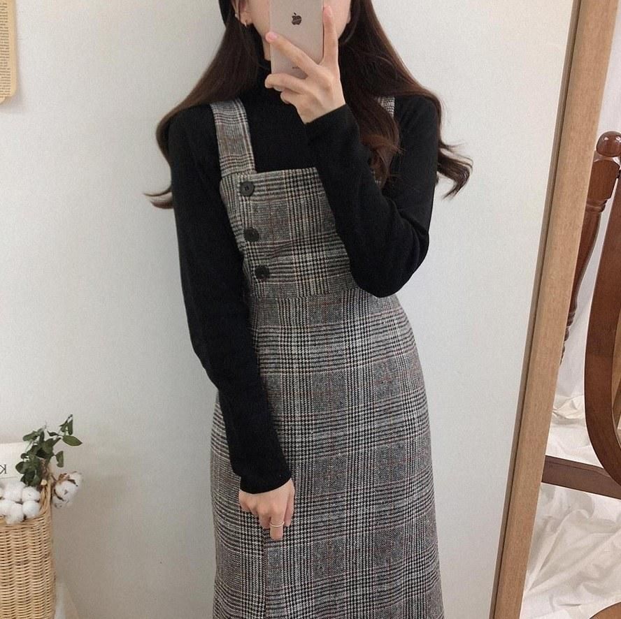 2019 Korean version of the autumn and winter retro plaid woolen vest dress ghost horse girl suspender skirt Color XL