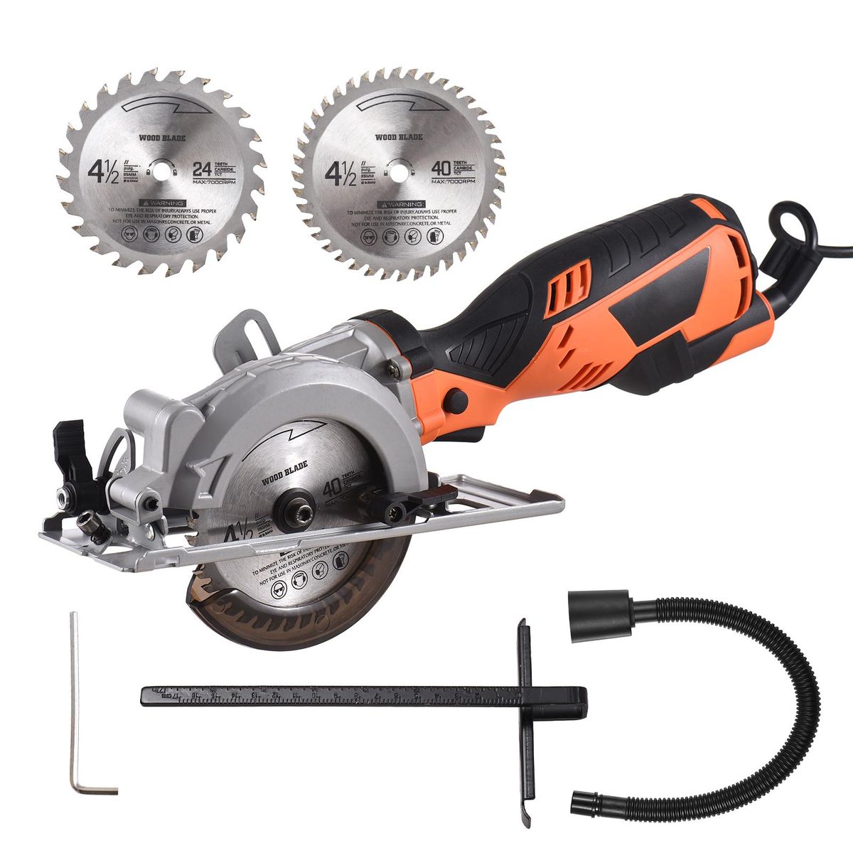 5.8A Mini Circular Saw 3500RPM Electric Saw with 24T 40T Blades for Wood Plastic Max Cutting Depth 1-11/16'' (90-degree) 1-1/8'' (45-degree), Bevel Cutting, Scale Ruler, Dust Vacuuming Port