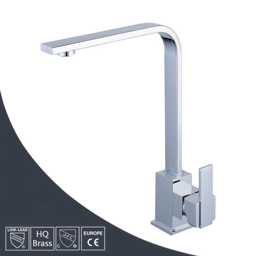 HOOMI Chrome Modern Square Kitchen Basin Faucet Spout Swivel Sink Mixer Tap G1/2 Silver UK Plug English G1 / 2