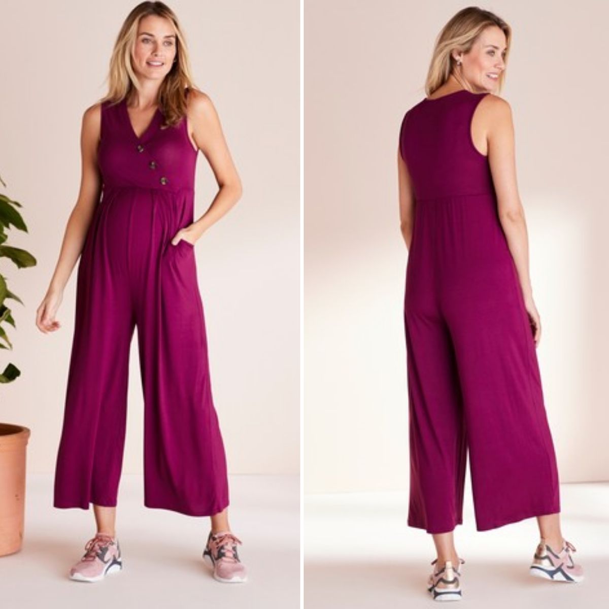 Button Front Berry Maternity And Nursing Jumpsuit