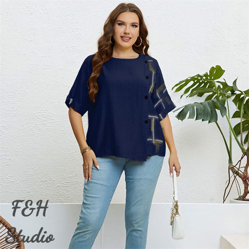 F&H 3327 XL-3XL Women Plus Size Button Up Loose Blouse Blue